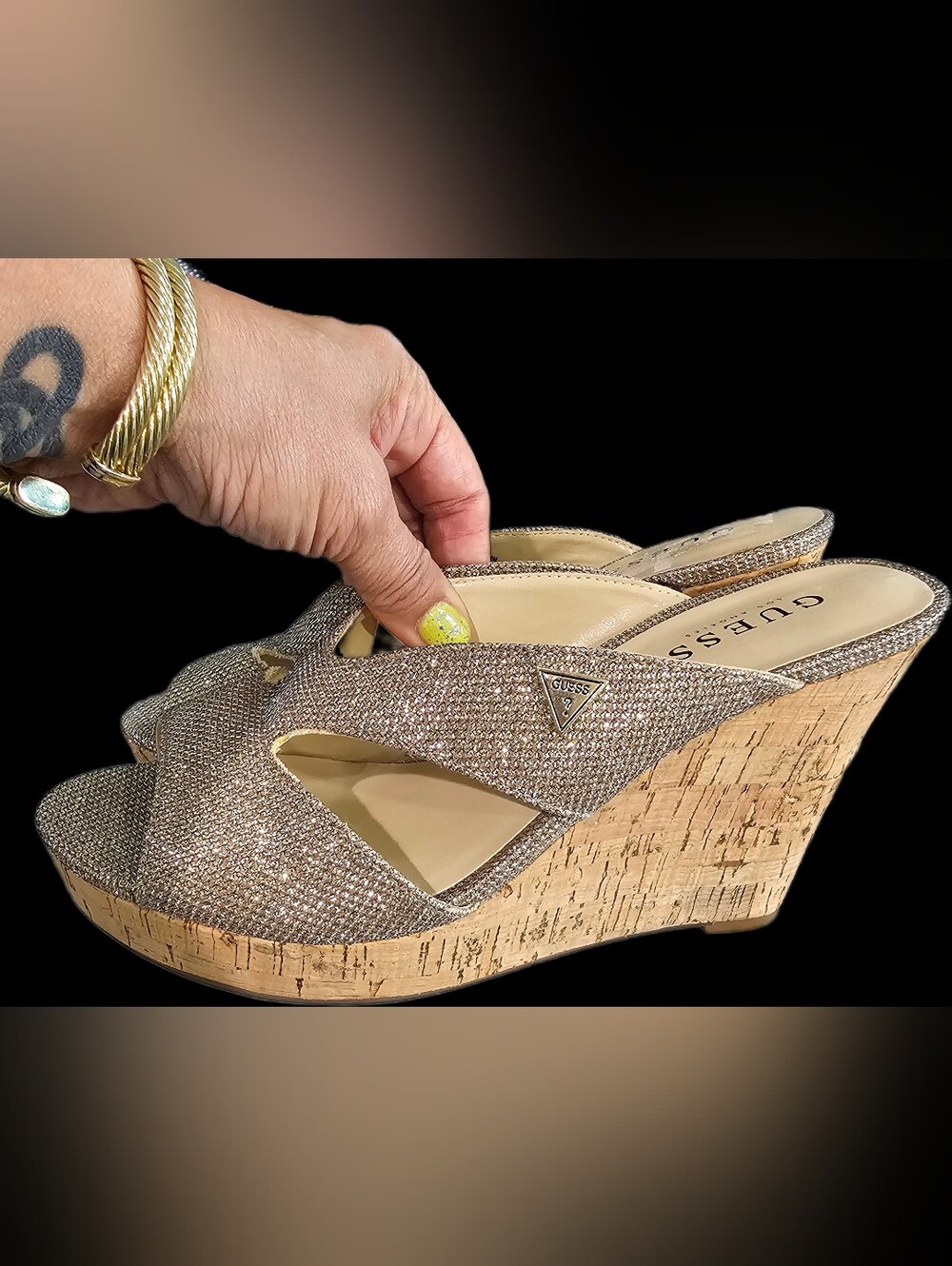 GUESS Metallic Gold Glitter Cork Wedge Slides